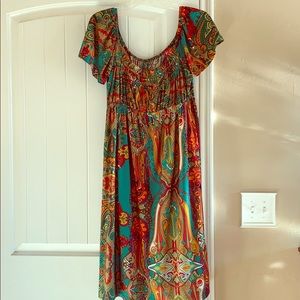 green and orange paisley dress
